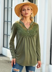 Long Sleeve Lace Panel Split Neck Blouse