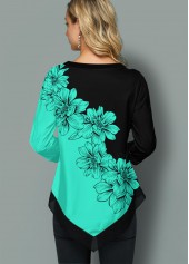 Floral Print Asymmetric Hem Split Neck Blouse