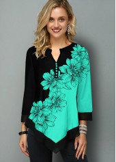 Floral Print Asymmetric Hem Split Neck Blouse