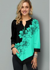 Floral Print Asymmetric Hem Split Neck Blouse