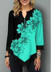 Floral Print Asymmetric Hem Split Neck Blouse