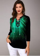 Printed Lace Up Three Quarter Sleeve Blouse