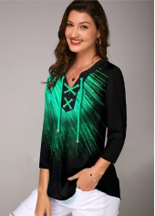 Printed Lace Up Three Quarter Sleeve Blouse