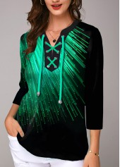 Printed Lace Up Three Quarter Sleeve Blouse