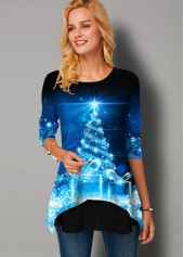 Round Neck Long Sleeve Christmas Print T Shirt