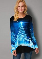 Round Neck Long Sleeve Christmas Print T Shirt