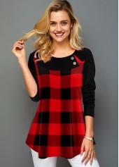 Round Neck Long Sleeve Plaid Print T Shirt
