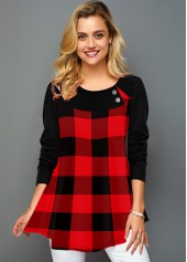 Round Neck Long Sleeve Plaid Print T Shirt