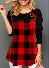 Round Neck Long Sleeve Plaid Print T Shirt