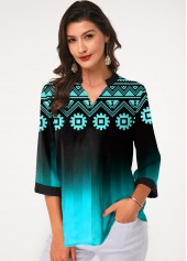 Split Neck Three Quarter Sleeve Tribal Print Blouse