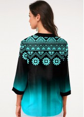Split Neck Three Quarter Sleeve Tribal Print Blouse