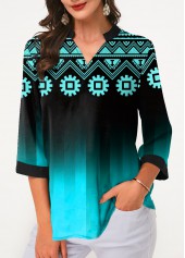 Split Neck Three Quarter Sleeve Tribal Print Blouse