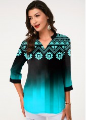 Split Neck Three Quarter Sleeve Tribal Print Blouse
