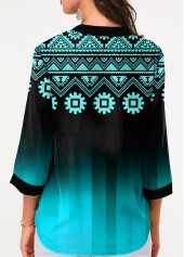Split Neck Three Quarter Sleeve Tribal Print Blouse
