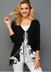 Printed Ruffle Trim Faux Two Piece T Shirt