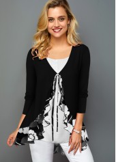 Printed Ruffle Trim Faux Two Piece T Shirt