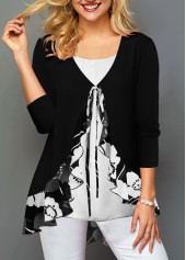 Printed Ruffle Trim Faux Two Piece T Shirt