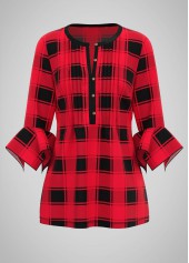 Hanky Cuff Round Neck Plaid Print Blouse