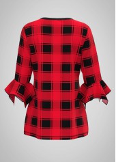 Hanky Cuff Round Neck Plaid Print Blouse