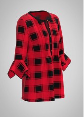 Hanky Cuff Round Neck Plaid Print Blouse