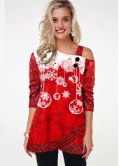 Cold Shoulder Sequin Sleeve Christmas Snowflake Print T Shirt