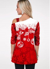 Cold Shoulder Sequin Sleeve Christmas Snowflake Print T Shirt