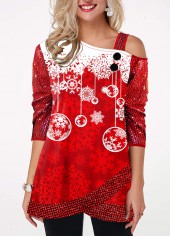 Cold Shoulder Sequin Sleeve Christmas Snowflake Print T Shirt