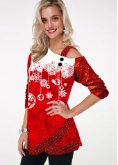 Cold Shoulder Sequin Sleeve Christmas Snowflake Print T Shirt