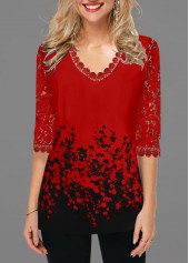 Floral Print V Neck Lace Panel T Shirt