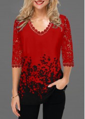 Floral Print V Neck Lace Panel T Shirt