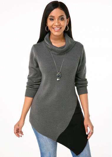 Rosewe Trendy Long Sleeve Asymmetric Hem Cowl Neck Sweater - S