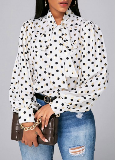 Rosewe Lantern Sleeve Bowknot Detail Dot Print Blouse - S