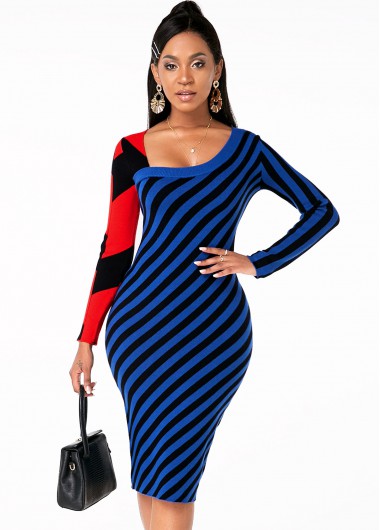 Rosewe Cocktail Party Dress Asymmetric Neck Long Sleeve Striped Sweater Dress - L