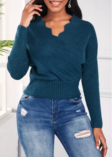 Rosewe Trendy V Neck Long Sleeve Scalloped Hem Sweater - M