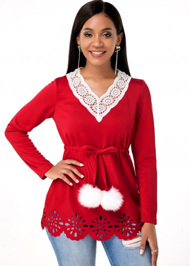 Rosewe Long Sleeve V Neck Lace Panel T Shirt - L