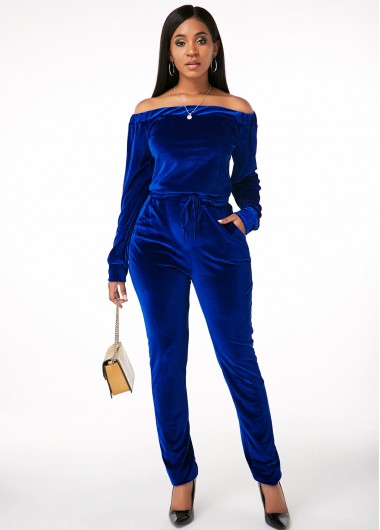 Rosewe Women Royal Blue Velvet Jumpsuit Solid Color Off The Shoulder Long Sleeve Sweatsuit Drawstring Waist Tracksuit Skinny Sports Suit - S