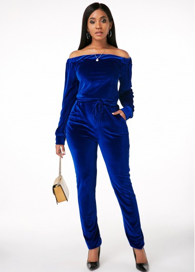 Rosewe Women Royal Blue Velvet Jumpsuit Solid Color Off The Shoulder Long Sleeve Sweatsuit Drawstring Waist Tracksuit Skinny Sports Suit - S