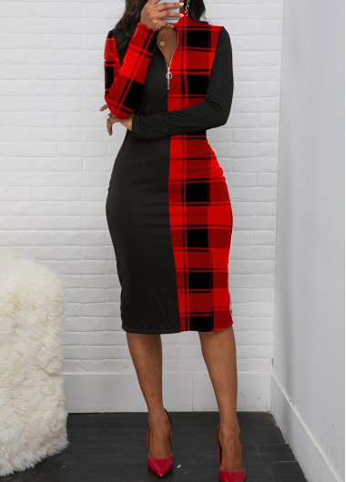 Christmas Rosewe Women Black And Red Plaid Print Long Sleeve Quarter Zip Dress Xmas Sheath Vintage Casual Midi Dress - XL