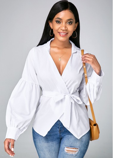 Rosewe Women White V Neck Lantern Sleeve Casual Blouse Solid Color Long Sleeve Asymmetric Hem Top - L