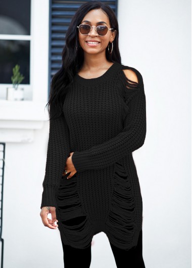 Rosewe Women Black Long Sleeve Round Neck Draped Fringe Sweater Solid Color Pullover Jumper - S