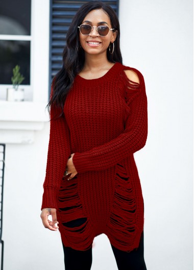 Rosewe Women Red Long Sleeve Draped Fringe Winter Sweater Solid Color Pullover Round Neck Tunic Jumper - L