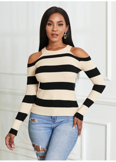 Rosewe Trendy Cold Shoulder Striped Long Sleeve Sweater - XL