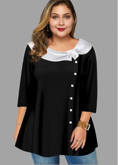Rosewe Button Detail Contrast Plus Size Blouse - 4X