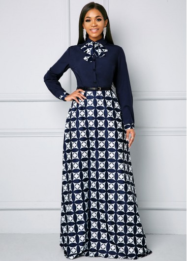 Rosewe Cocktail Party Dress Bowknot Long Sleeve Geometric Print Maxi Dress - XL
