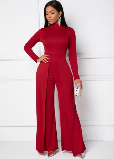 Rosewe Long Sleeve Mock Neck Red Wide Leg Jumpsuit - XL