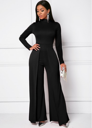 Rosewe Women Black Long Sleeve Mock Neck Wide Leg Jumpsuit Solid Color Loose Straight Ankle Length Formal Jumpsuit - 2XL