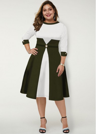 Rosewe Color Block Round Neck Plus Size Dress - 2X