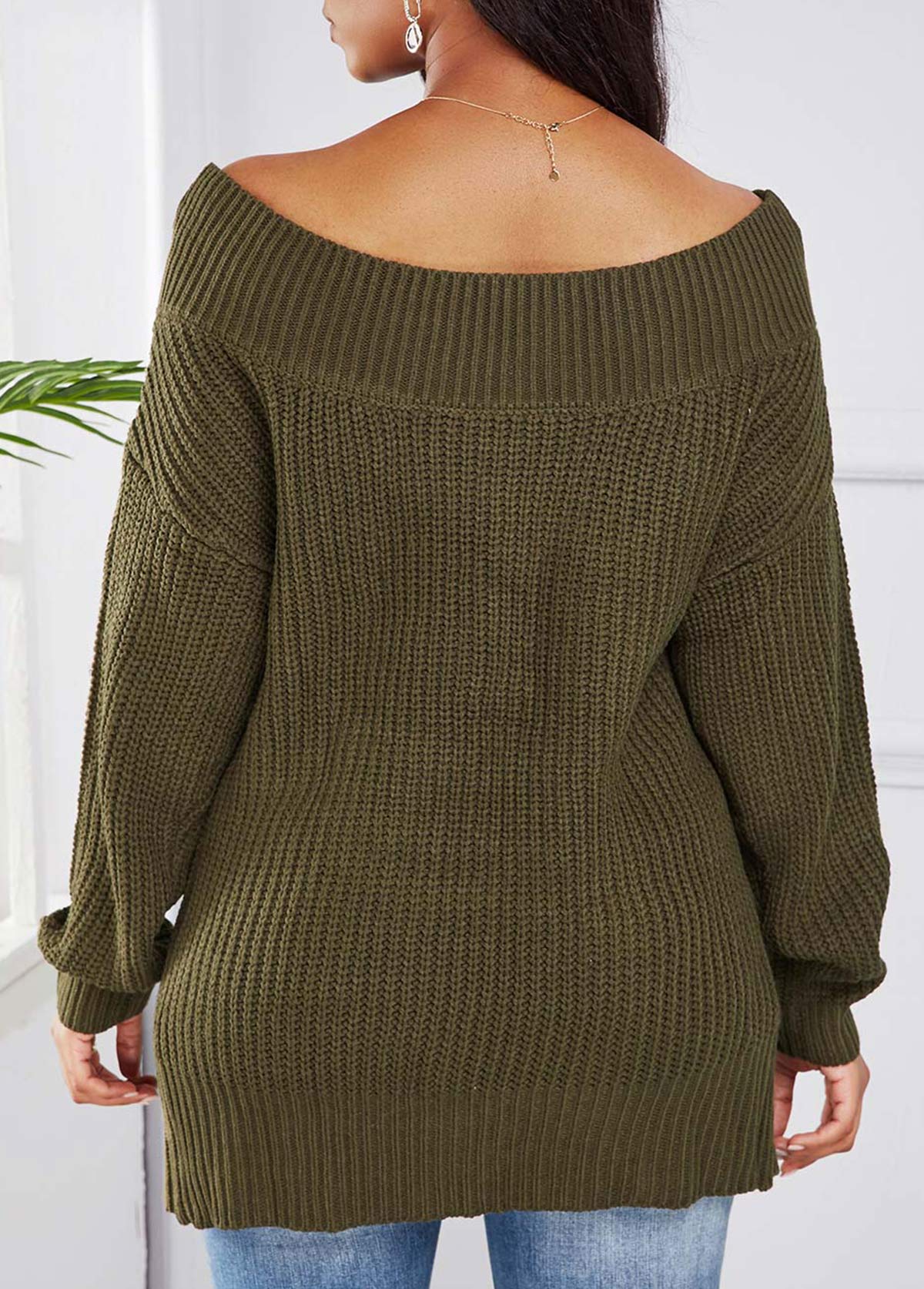 Asymmetric Hem Lace Up Off Shoulder Sweater