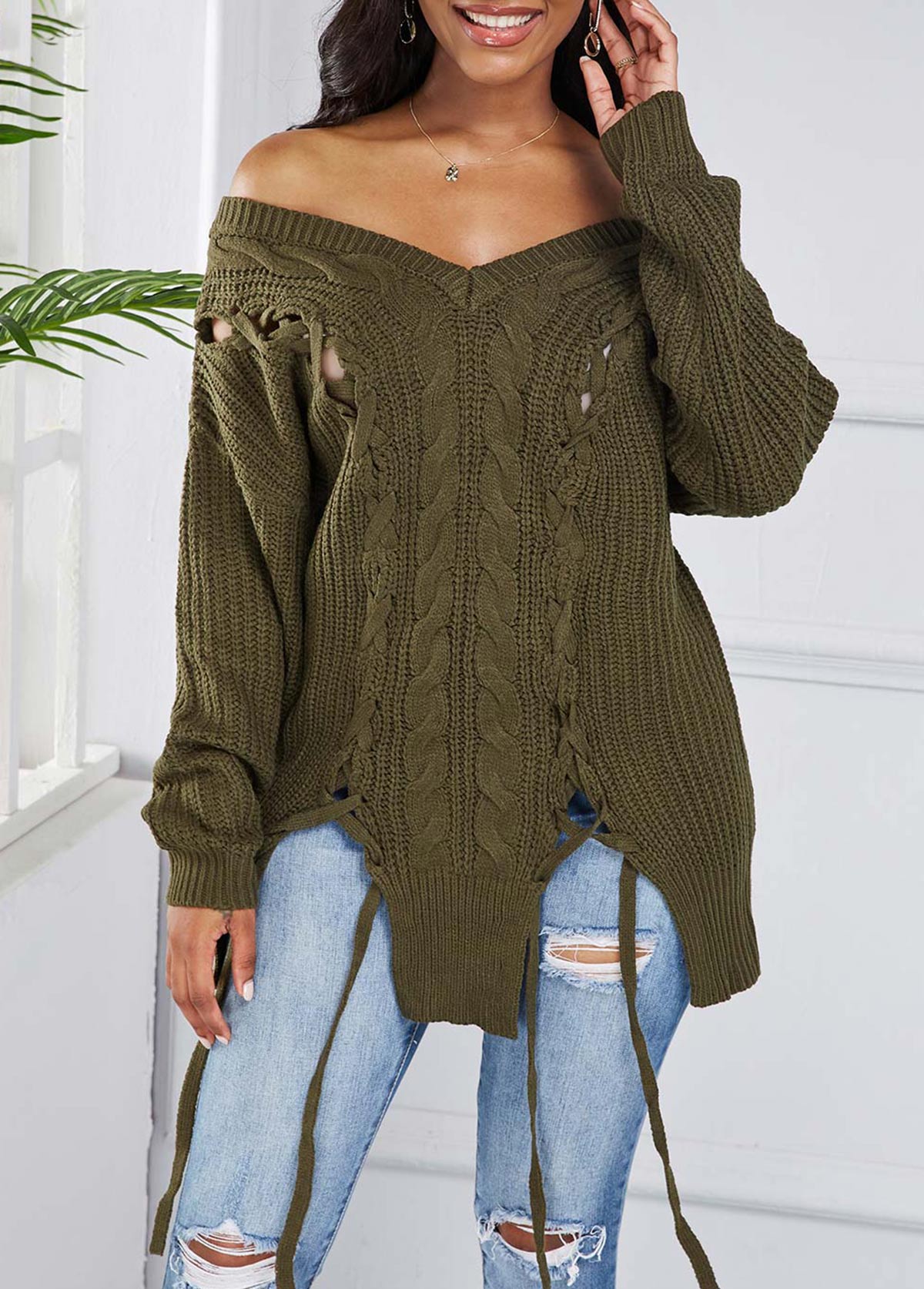 Asymmetric Hem Lace Up Off Shoulder Sweater