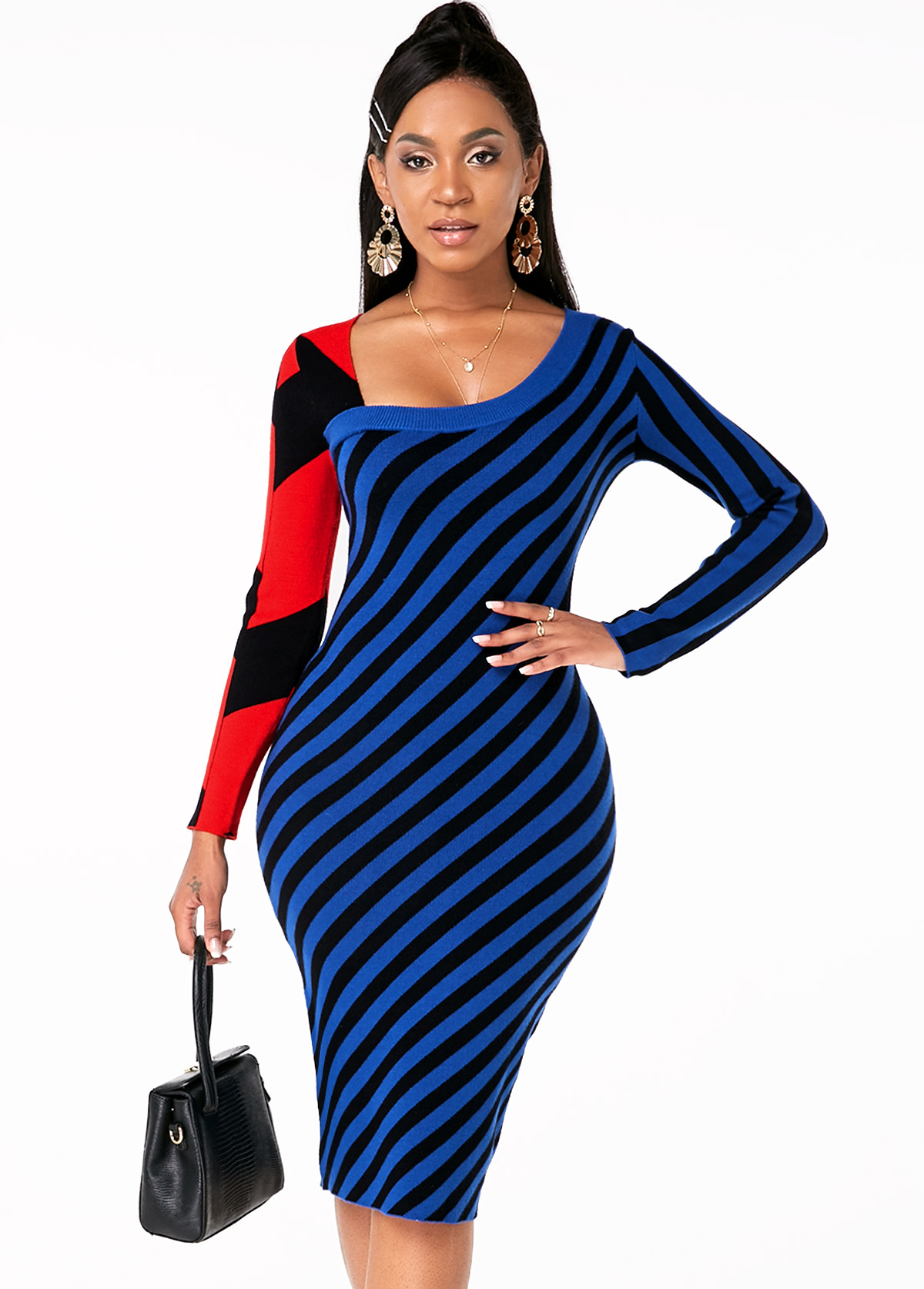 Asymmetric Neck Long Sleeve Striped Sweater Dress  
